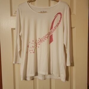 Chico's Womens White Breast Cancer 3/4 Sleeve T-Shirt Scoop Neck, Size 2-Large